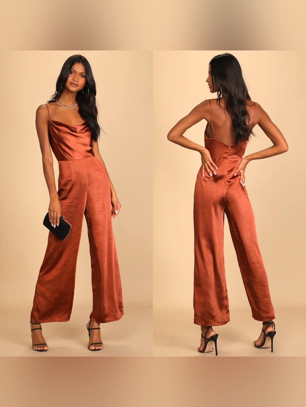 Lulus Perfect Night Brown Satin Cowl Neck Culotte Jumpsuit S Wedding Party - Picture 1 of 12